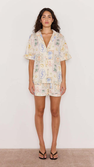 Sirena Printed Linen Blend Drawstring Shorts