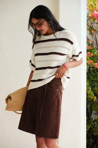 Nellie Boxy Knit Tee - Milk/Brunette Wide Stripe