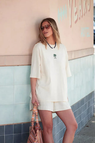 Luna Oversized Tee - Buff/True Navy Palms Embroidery