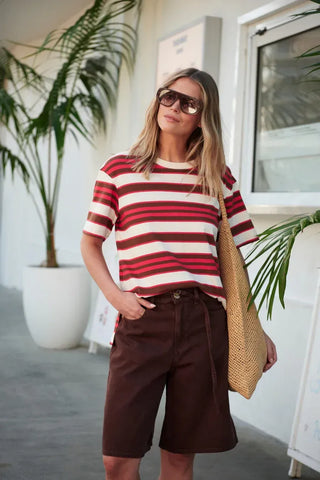 Stevie Slouchy Tee - Heritage Red/Toffee Stripe