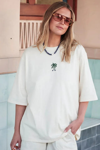Luna Oversized Tee - Buff/True Navy Palms Embroidery