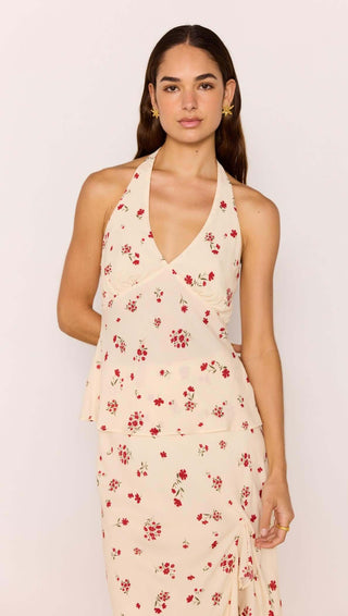 Red & Cream Floral Halter Bias Top