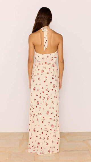 Red & Cream Floral Halter Bias Top