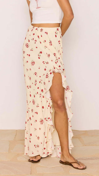 Red & Cream Floral Ruffle Bias Maxi Skirt Clemence Ruffle Bias Skirt