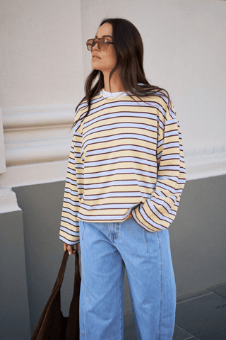 Beau Long Sleeve Slouchy Tee - New Butter/Brunette Stripe