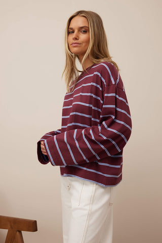 Beau Long Sleeve Slouchy Tee - Washed Burgundy/Sky Blue