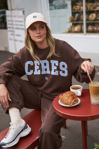 Isla Oversized Slouchy Crew - Brunette Brown/Buff/Sky Blue Heritage Logo