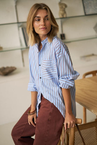Peta Oversized Shirt - Sky Blue/Burgundy Stripe