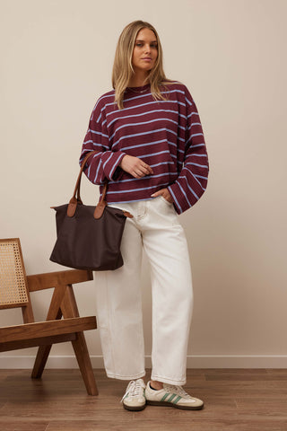 Beau Long Sleeve Slouchy Tee - Washed Burgundy/Sky Blue