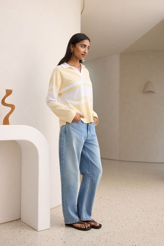 Shelby Slouchy Rugby Top - Butter/White Placement Stripe