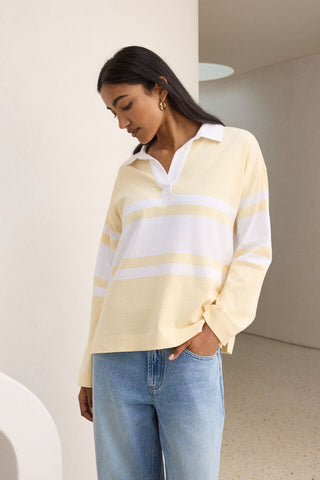 Shelby Slouchy Rugby Top - Butter/White Placement Stripe