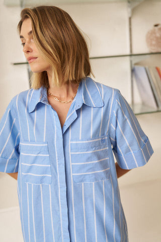 Sara Mini Shirt Dress - Oxford Blue/White Stripe