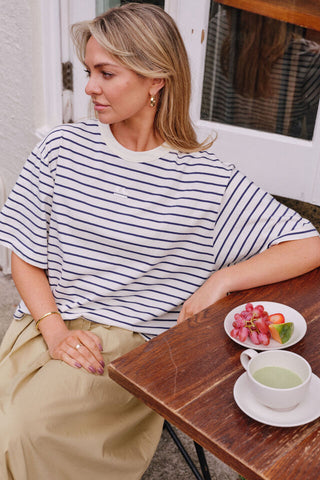 Phoebe Premium Tee - Milk/Prussian Blue Stripe