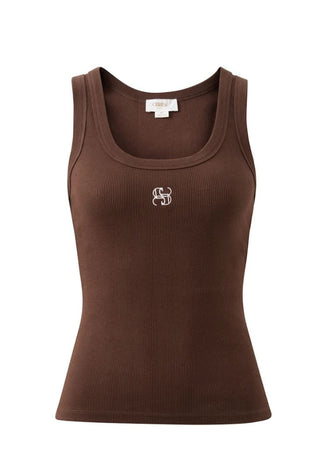 Zoe Contour Rib Scoop Tank - Chocolate/Monogram Embroidery