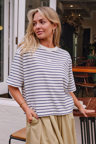 Phoebe Premium Tee - Milk/Prussian Blue Stripe