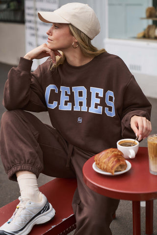 Isla Oversized Slouchy Crew - Brunette Brown/Buff/Sky Blue Heritage Logo