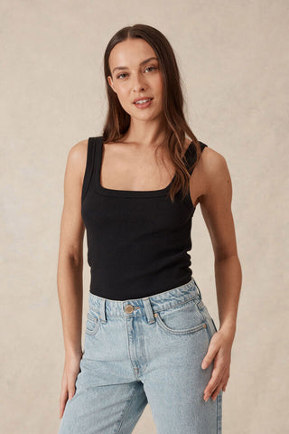 Zaeli Contour Rib Square Neck Tank - Black
