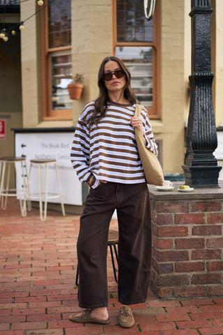 Beau Long Sleeve Slouchy Tee - Cocoa/Sky/Blue/Stripe