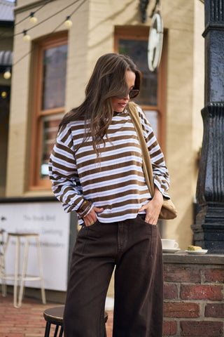 Beau Long Sleeve Slouchy Tee - Cocoa/Sky/Blue/Stripe
