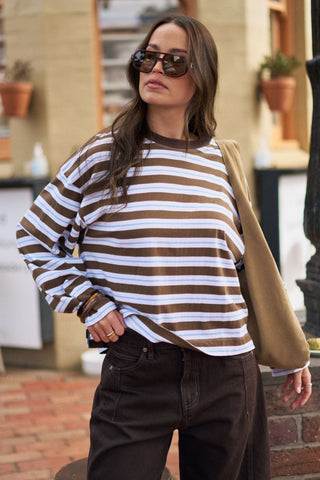 Beau Long Sleeve Slouchy Tee - Cocoa/Sky/Blue/Stripe