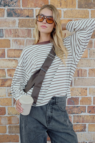 Beau Long Sleeve Slouchy Tee - Milk/Brunette Brown Stripe