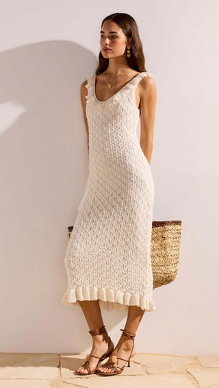 Sabine White Pointelle Knit Midi Dress