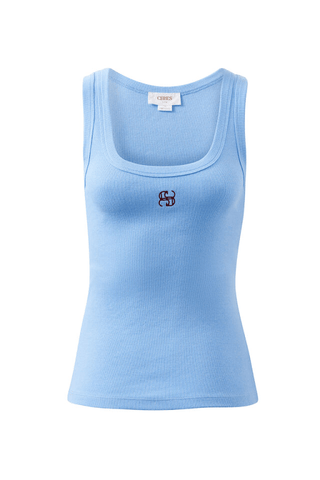 Zoe Contour Rib Scoop Tank - Powder Blue/Monogram Embroidery