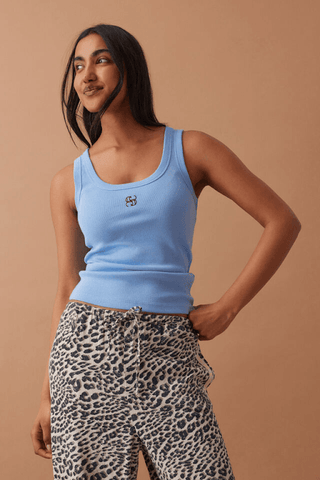 Zoe Contour Rib Scoop Tank - Powder Blue/Monogram Embroidery