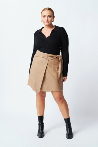 Tan Leather Look Wrap Mini Skirt