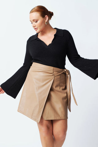 Tan Leather Look Wrap Mini Skirt