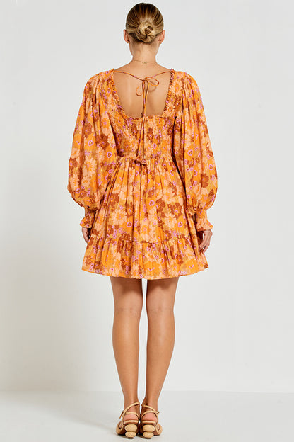 Shirred Bodice Mini Dress - Peach Multi