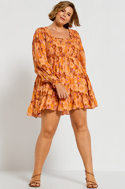 Shirred Bodice Mini Dress - Peach Multi