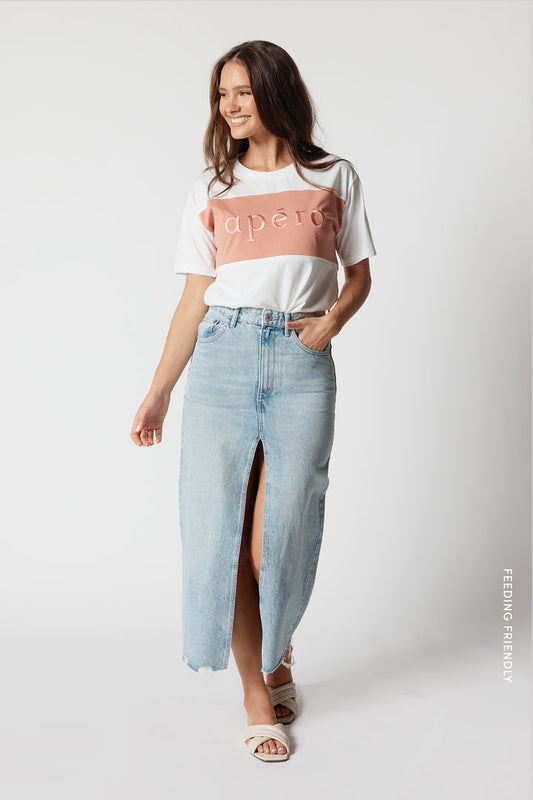BF Friendly Dual Panel Embroidered Tee - White /  Rose